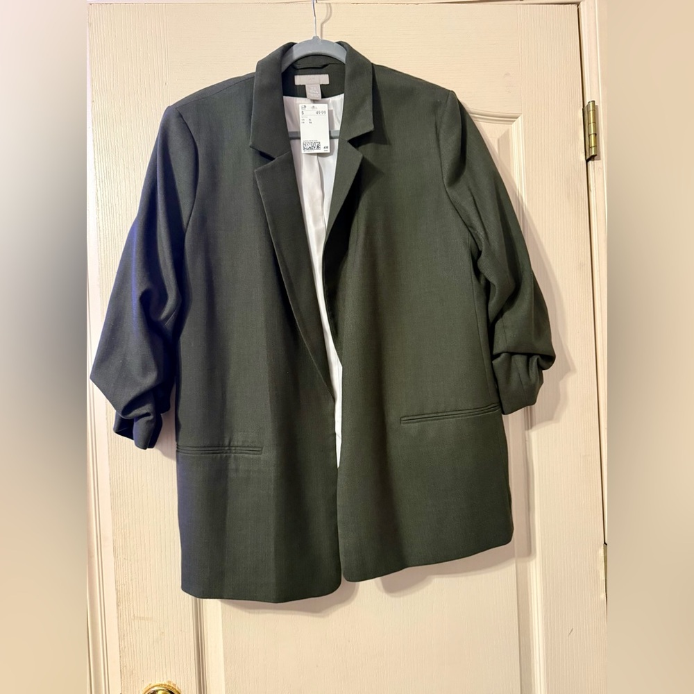 H&M Oversized Green Blazer | Size XL | Ruched Sleeve Open Front